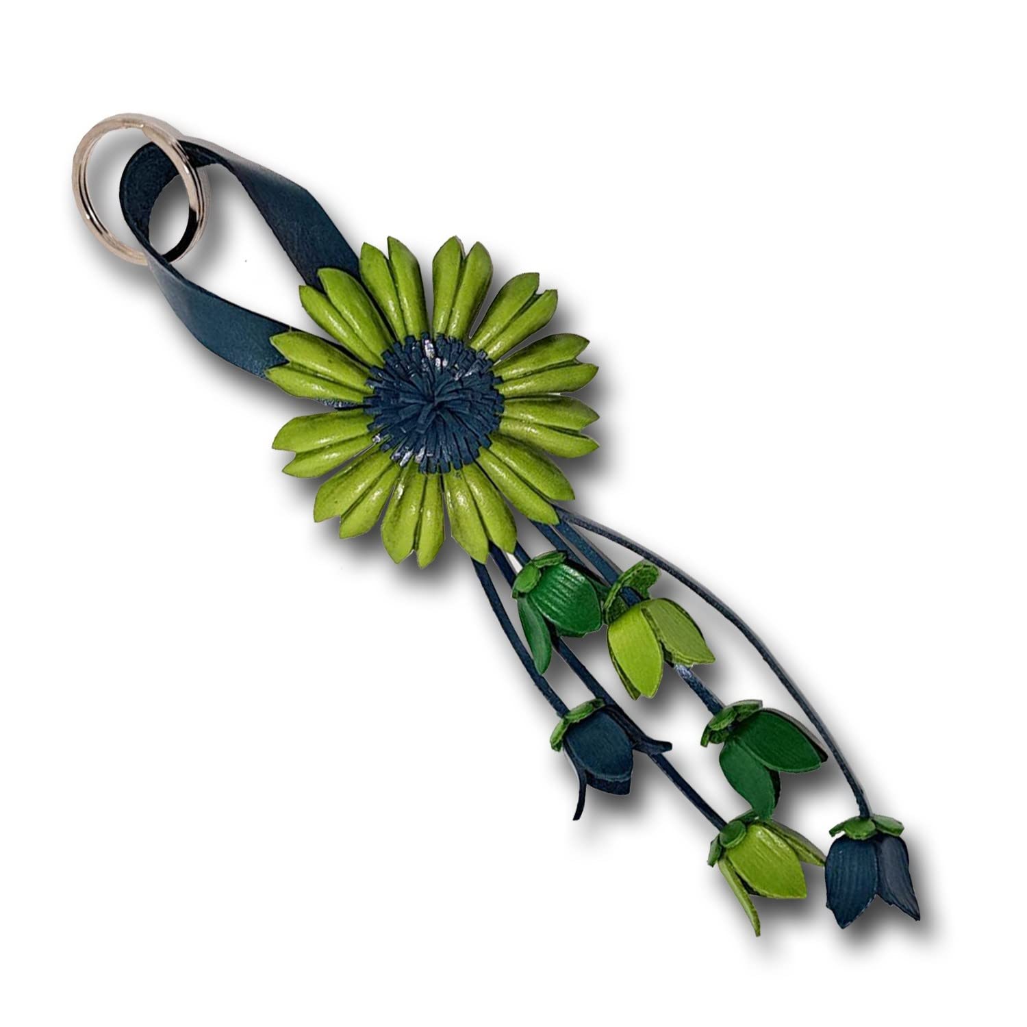 Jomo Joy Leather Flower Keychain Purse Tassels Charms Women Handbags Designer Bag Accessories Keyring Decor Sunflower Key Ring 8'' Long (Green), (KrSunflower1)