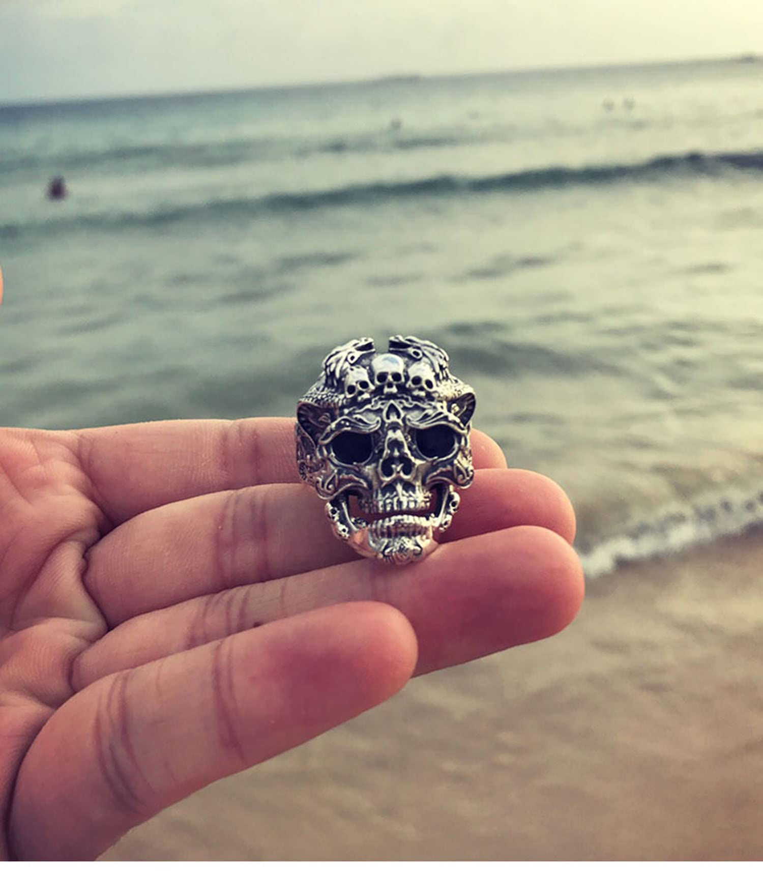 Ring Men's Ring Skull Ring Gothic Stainless Steel Silver Plated Handmade Personality Demon Ring Engraved 3D Pattern Opening (Skull)