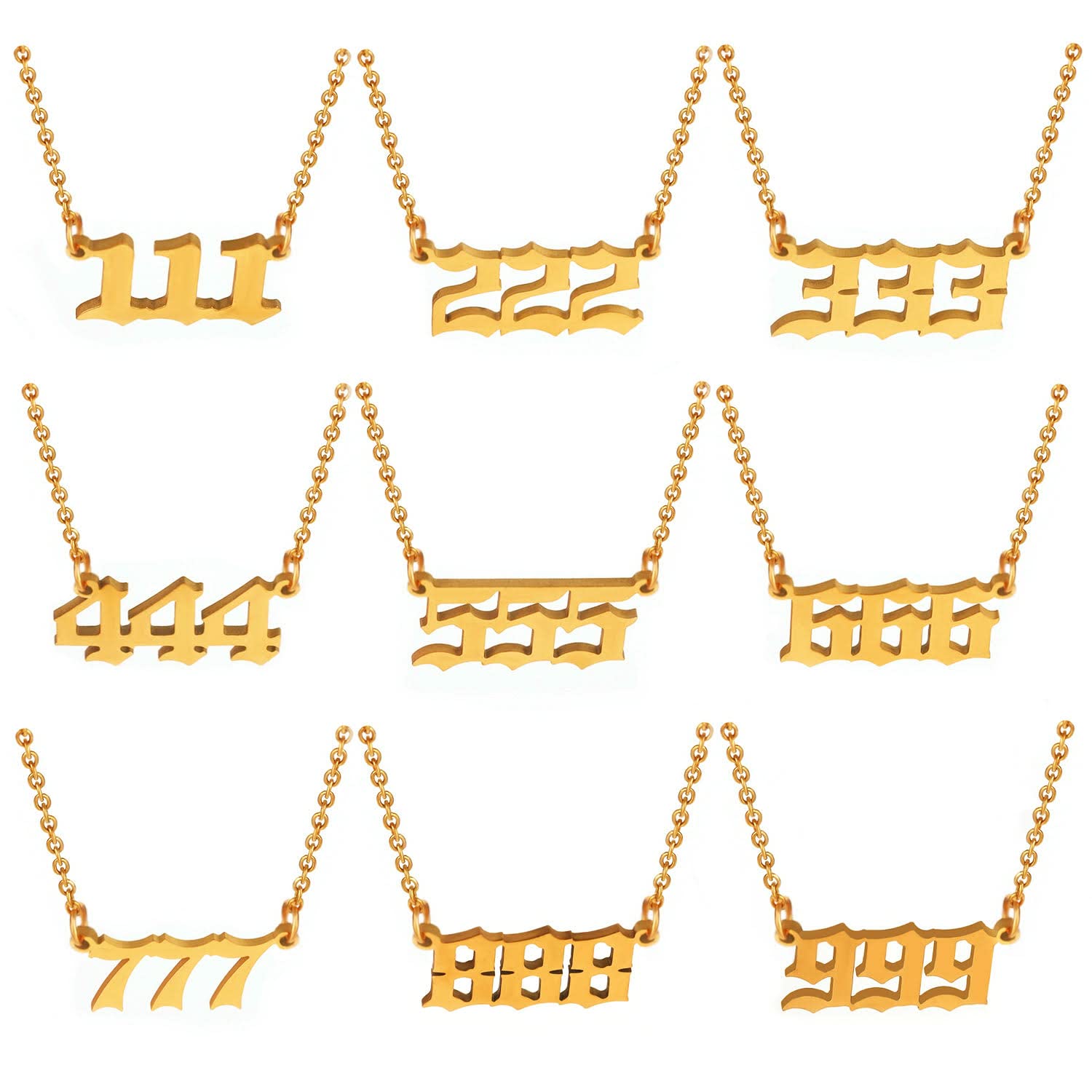 Angel Numbers Necklace Pack, Set of 9, 18K Gold Plated & Non Tarnish Stainless Steel Numerology Jewelry 111 222 333 444 555 666 777 888 999