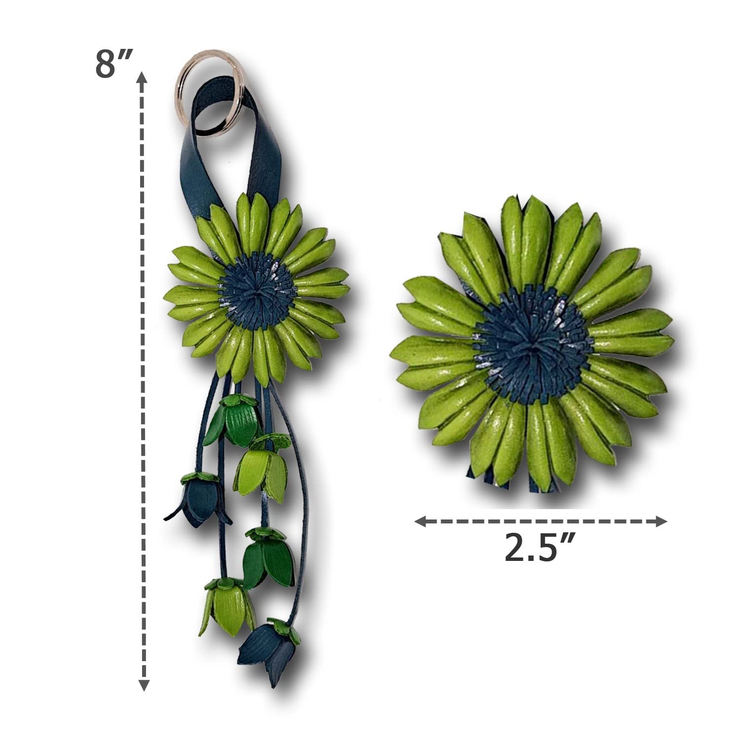 Jomo Joy Leather Flower Keychain Purse Tassels Charms Women Handbags Designer Bag Accessories Keyring Decor Sunflower Key Ring 8'' Long (Green), (KrSunflower1)