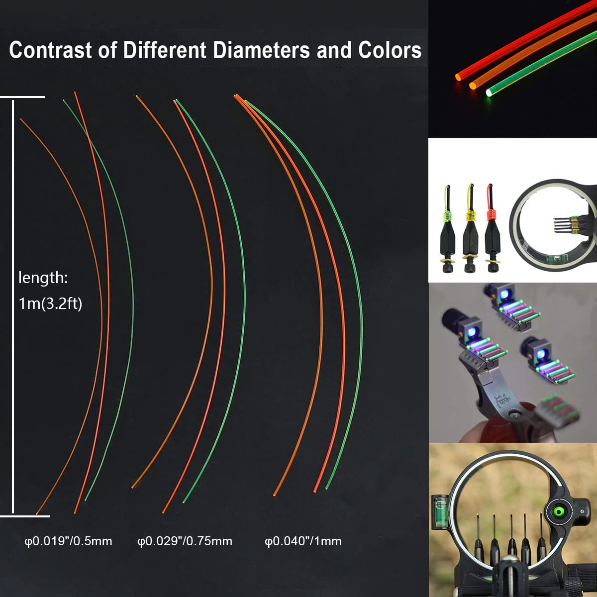 limaity L3.2ft Fiber Optic Sight Replacement Rod for Bow Sight Fluorescence Fiber Optic Sights Rod High Brightness Glow Stick Green/Red/Hunter Orange (Diameter 0.019"(0.5mm), Mixed Color)