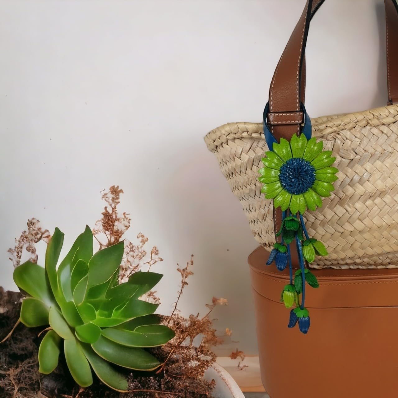 Jomo Joy Leather Flower Keychain Purse Tassels Charms Women Handbags Designer Bag Accessories Keyring Decor Sunflower Key Ring 8'' Long (Green), (KrSunflower1)