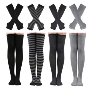 Barrlves 4 Sets Womens Striped Knee High Socks Long Knit Arm Warmers Fingerless Gloves for Halloween Costume (4sets Solid Black+White+DeepGrey+Grey)