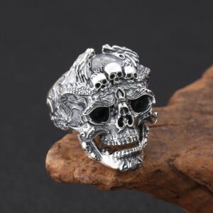 Ring Men's Ring Skull Ring Gothic Stainless Steel Silver Plated Handmade Personality Demon Ring Engraved 3D Pattern Opening (Skull)