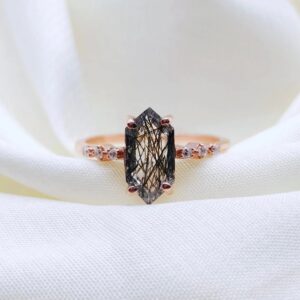 Rings For Women Natural Black Rutilated Quartz Hexagon Cut Ring, Tourmalinated Quartz Ring, Salt and Pepper Diamond, Gift Wedding Ring BY FOREVER GEMS & JEWELS, Rose Gold,White,Silver