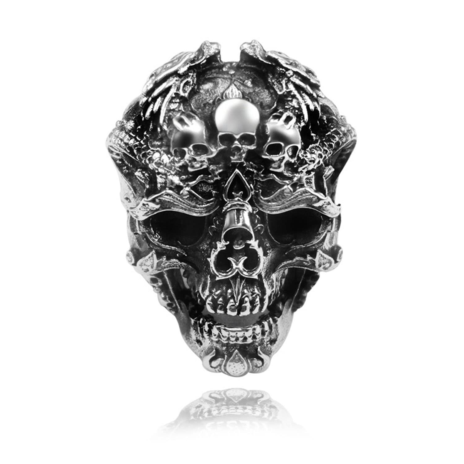 Ring Men's Ring Skull Ring Gothic Stainless Steel Silver Plated Handmade Personality Demon Ring Engraved 3D Pattern Opening (Skull)