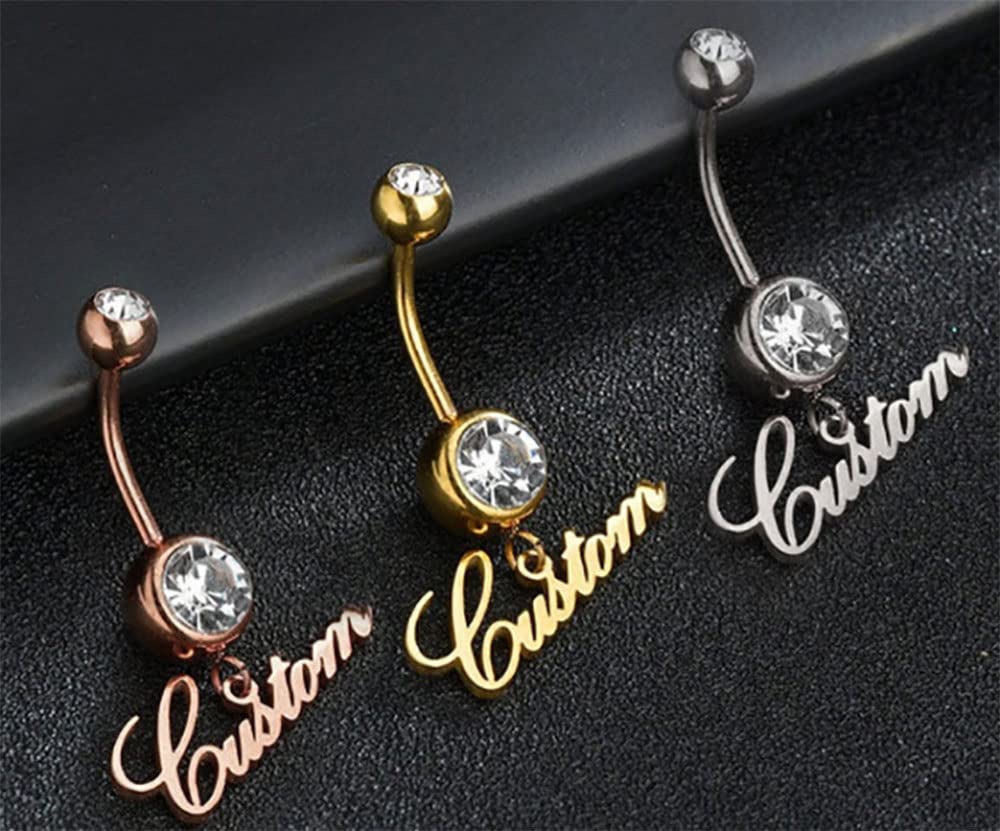 LELOUCHY Personalised Name Plate 14G Belly Button Ring 925 Sterling Silver/Gold Birthstone Navel Ring for Women