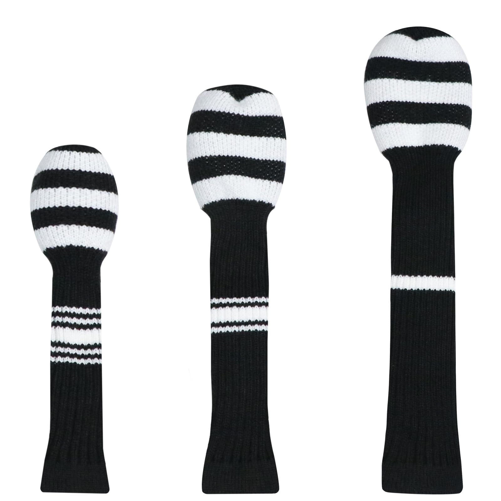 LeFeng 3Pcs Golf Club Covers, Knitted Golf Club Covers for 460cc Driver Fairway Woods and Hybrid Without Pom Pom(White Black Stripes)