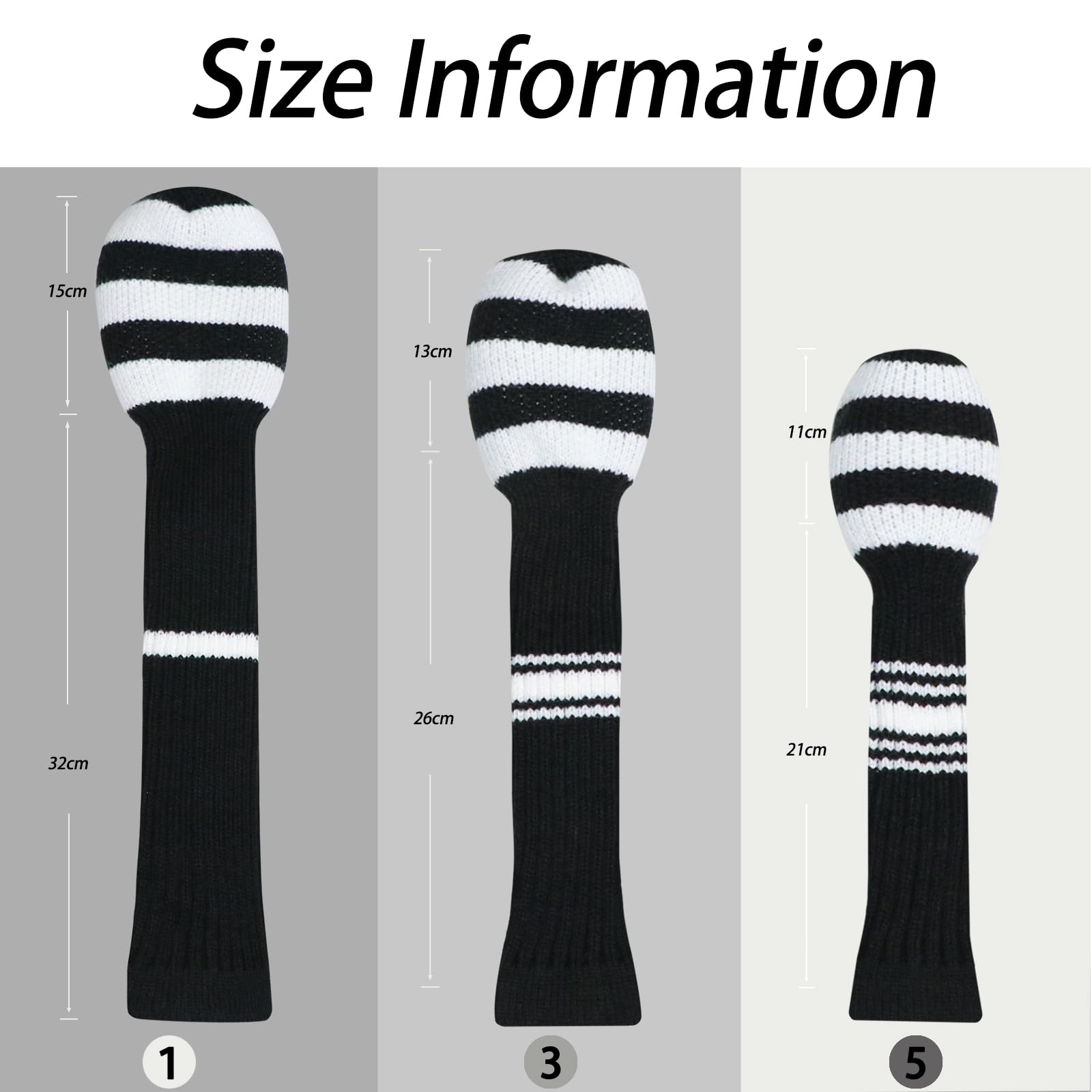 LeFeng 3Pcs Golf Club Covers, Knitted Golf Club Covers for 460cc Driver Fairway Woods and Hybrid Without Pom Pom(White Black Stripes)