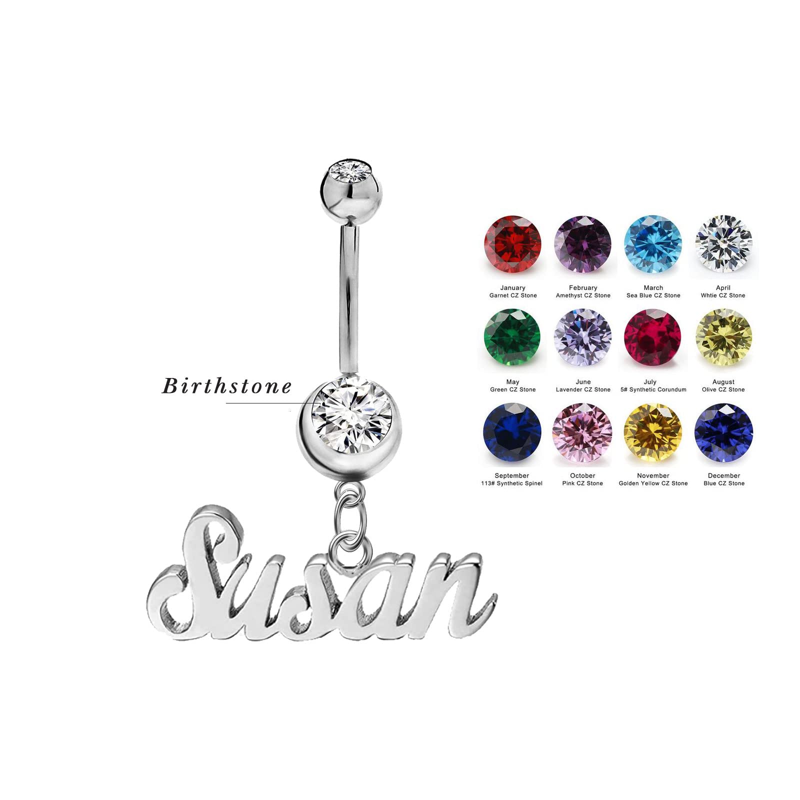 LELOUCHY Personalised Name Plate 14G Belly Button Ring 925 Sterling Silver/Gold Birthstone Navel Ring for Women