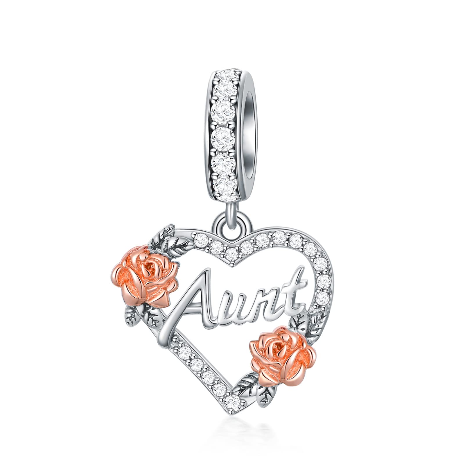 SLIACETE Aunt Charms for Bracelets 925 Sterling Silver Rose Flower Heart Dangle Charms Aunt Jewelry Birthday Gifts for Women Auntie