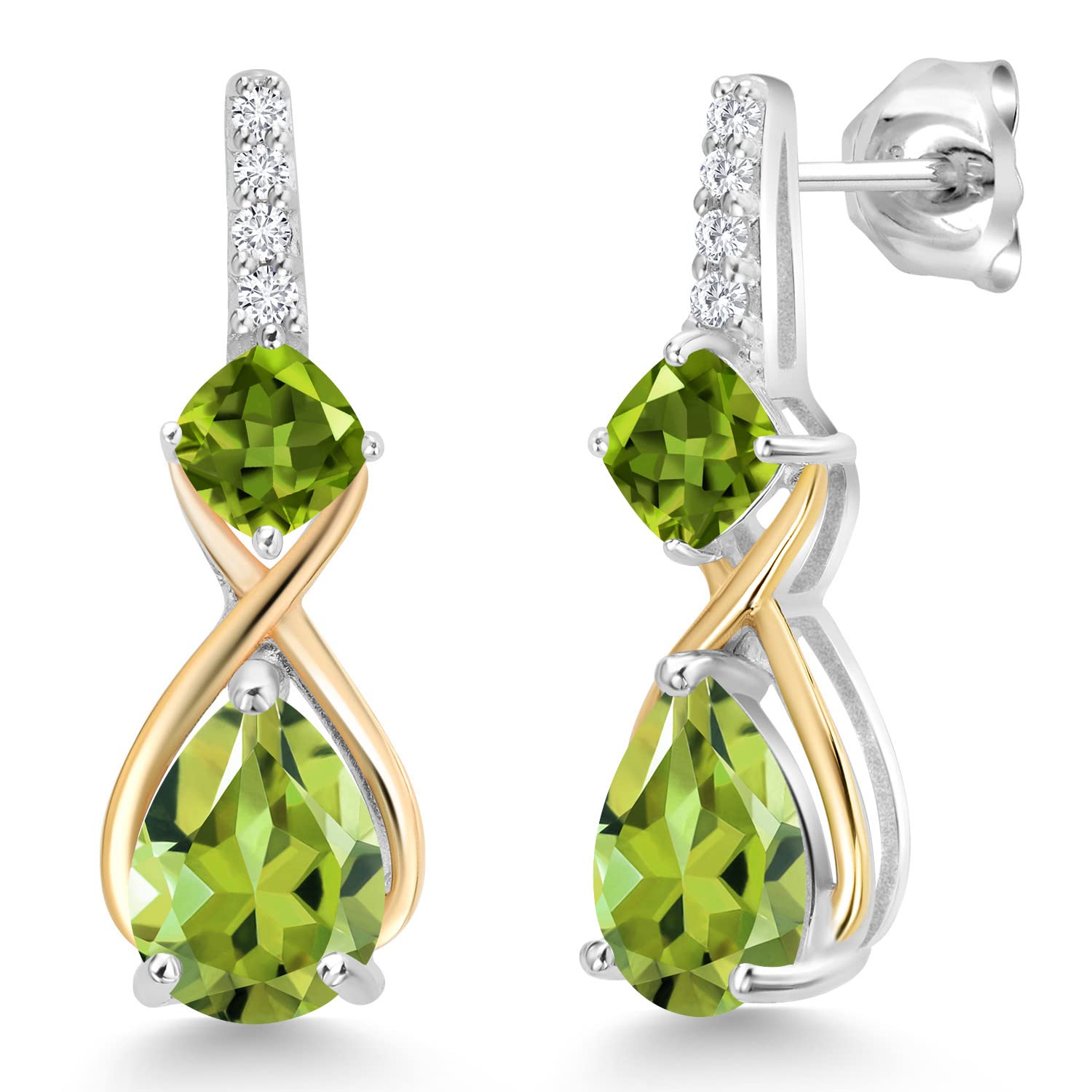 Gem Stone King 925 Sterling Silver and 10K Yellow Gold Pear Shape Green Peridot and White Lab Grown Diamond Dangle Earrings For Women (2.90 Cttw, Pear Shape 8X6MM)