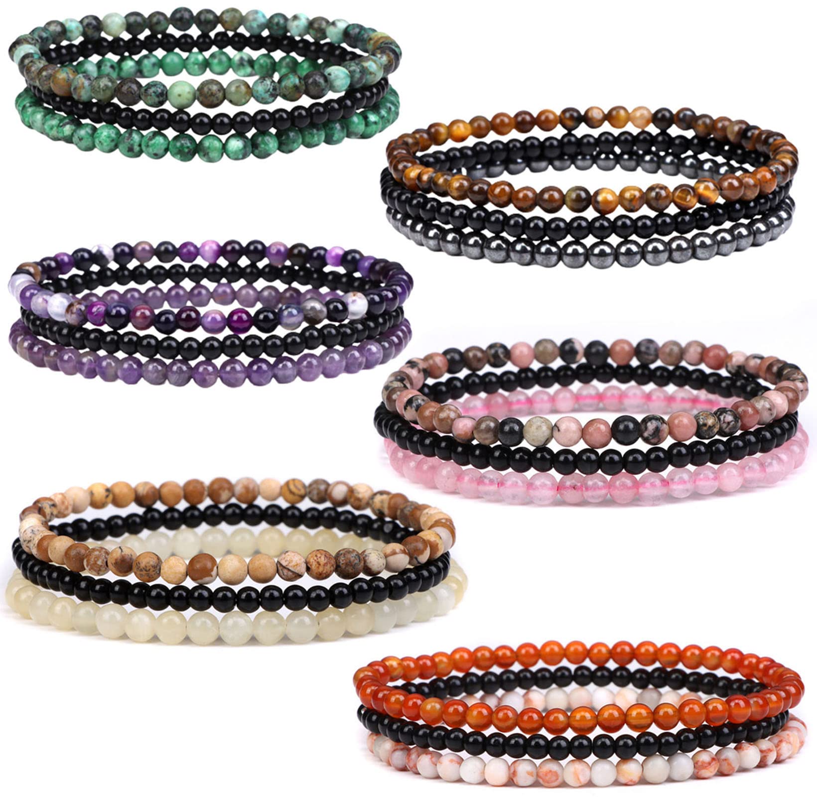 CASDAN 18 PCS 4mm Mini Semi-Precious Gemstones Beaded Bracelets for Women Men Stone Bracelet Crystal Beaded Bracelet Adjustable Elastic Stretch Bracelet Unisex Jewelry Gifts