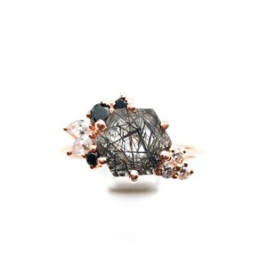 Rings For Women Hexagon Cut Black Rutilated Quartz Ring Vintage Unique Ring Marquise Cluster Black Spinel, Gift Beautiful Wedding Ring BY FOREVER GEMS & JEWELS, Rose Gold,White,Silver