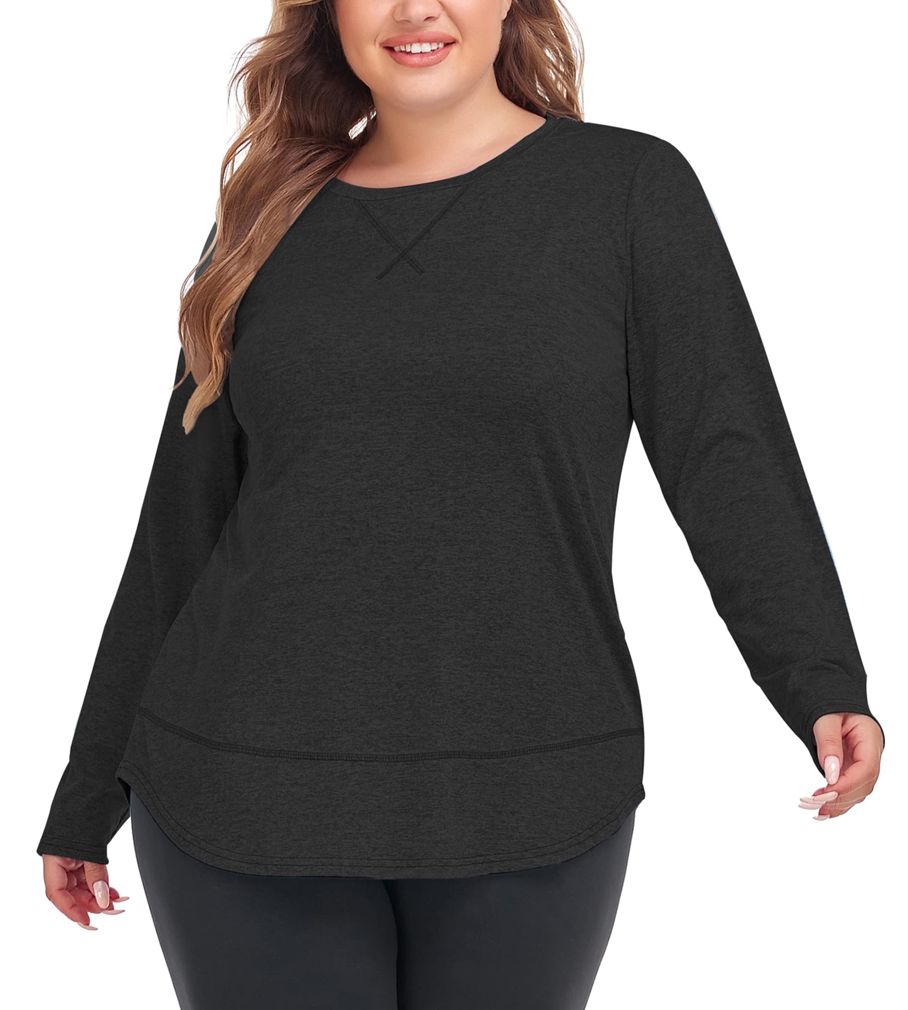 COOTRY Plus Size Workout Tops for Women Long Sleeve Shirts Breathable Dry Fit Athletic Gym Yoga Clothes Gray 2XL