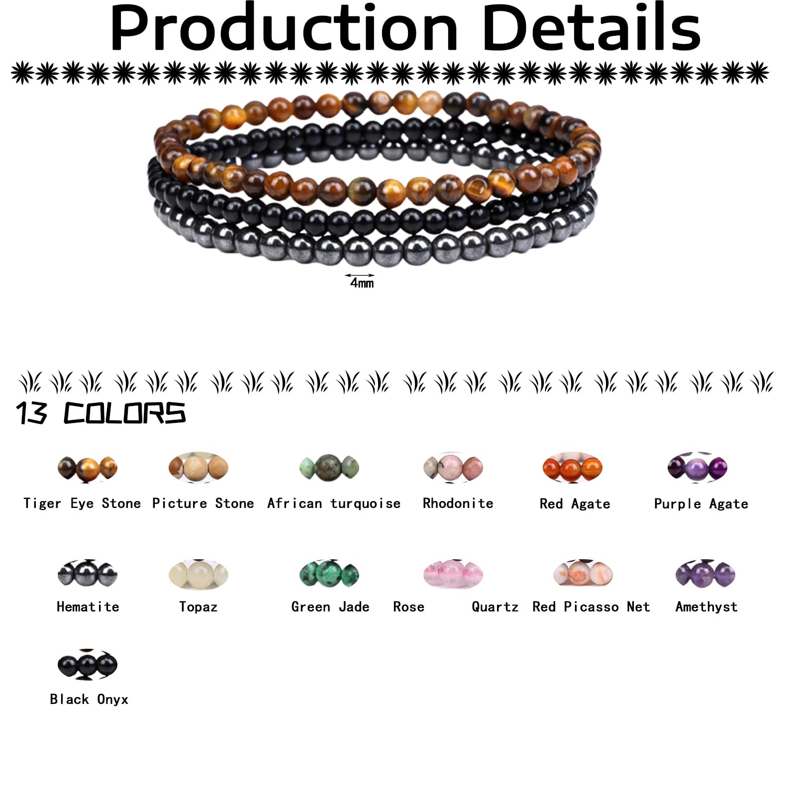 CASDAN 18 PCS 4mm Mini Semi-Precious Gemstones Beaded Bracelets for Women Men Stone Bracelet Crystal Beaded Bracelet Adjustable Elastic Stretch Bracelet Unisex Jewelry Gifts