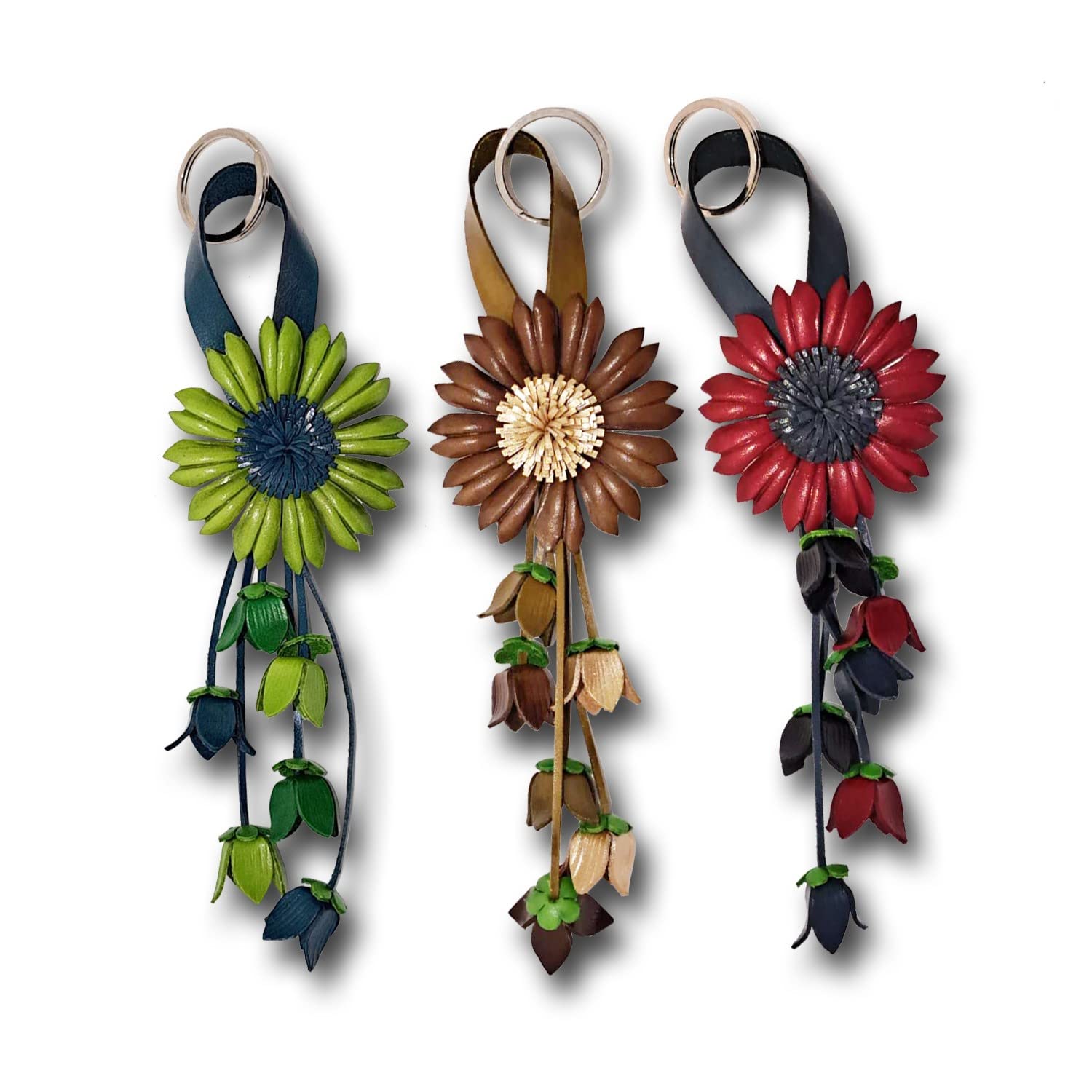 Jomo Joy Leather Flower Keychain Purse Tassels Charms Women Handbags Designer Bag Accessories Keyring Decor Sunflower Key Ring 8'' Long (Green), (KrSunflower1)