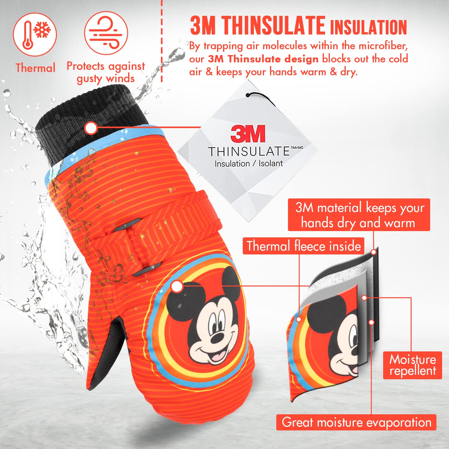 DISNEY Mickey Mouse Toddler Mittens Ages 2-4, Waterproof Toddler Gloves, Mickey Kids Snow Mittens, 3M Thinsulate Gloves