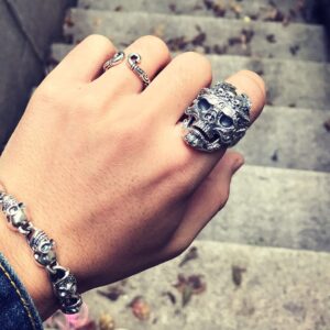 Ring Men's Ring Skull Ring Gothic Stainless Steel Silver Plated Handmade Personality Demon Ring Engraved 3D Pattern Opening (Skull)