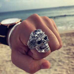 Ring Men's Ring Skull Ring Gothic Stainless Steel Silver Plated Handmade Personality Demon Ring Engraved 3D Pattern Opening (Skull)