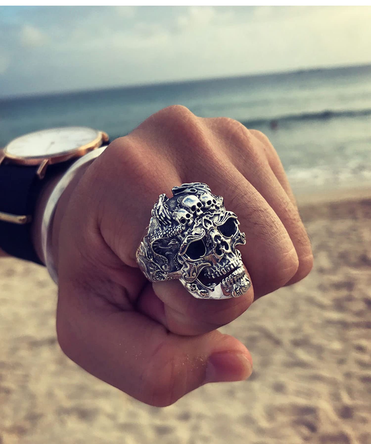 Ring Men's Ring Skull Ring Gothic Stainless Steel Silver Plated Handmade Personality Demon Ring Engraved 3D Pattern Opening (Skull)