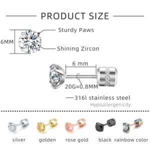 5 Pair Titanium Screw Surgical Stainless Steel Stud Earrings Set, Iridescent 3A Cubic Zirconia Studs Reversible Earrings Perforated Reclining Hypoallergenic Earrings Jewelry 6mm (5 pairs iridescent).