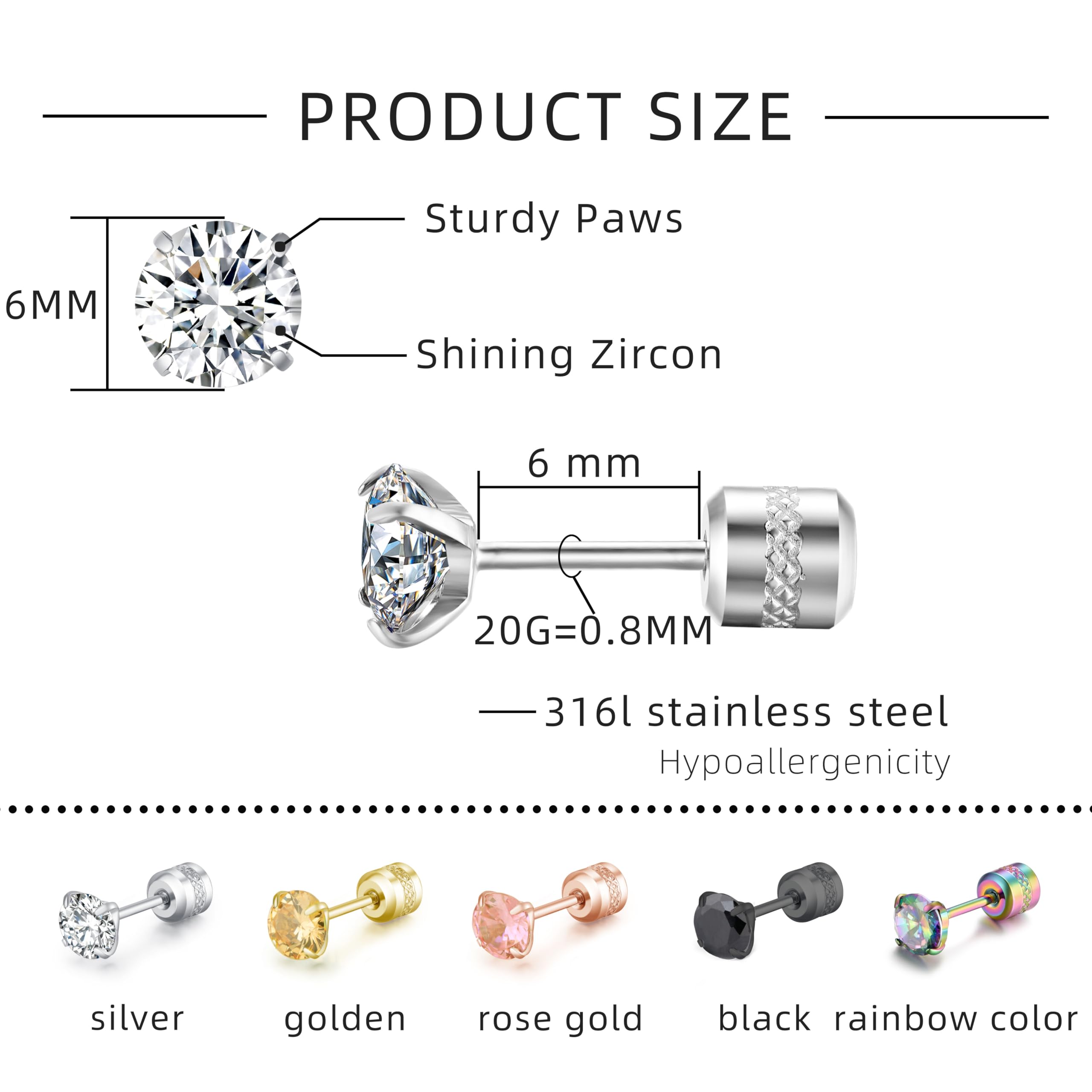 5 Pair Titanium Screw Surgical Stainless Steel Stud Earrings Set, Iridescent 3A Cubic Zirconia Studs Reversible Earrings Perforated Reclining Hypoallergenic Earrings Jewelry 6mm (5 pairs iridescent).