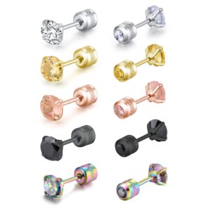 5 Pair Titanium Screw Surgical Stainless Steel Stud Earrings Set, Iridescent 3A Cubic Zirconia Studs Reversible Earrings Perforated Reclining Hypoallergenic Earrings Jewelry 6mm (5 pairs iridescent).