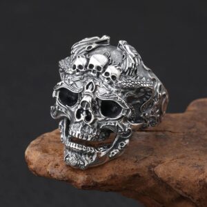 Ring Men's Ring Skull Ring Gothic Stainless Steel Silver Plated Handmade Personality Demon Ring Engraved 3D Pattern Opening (Skull)