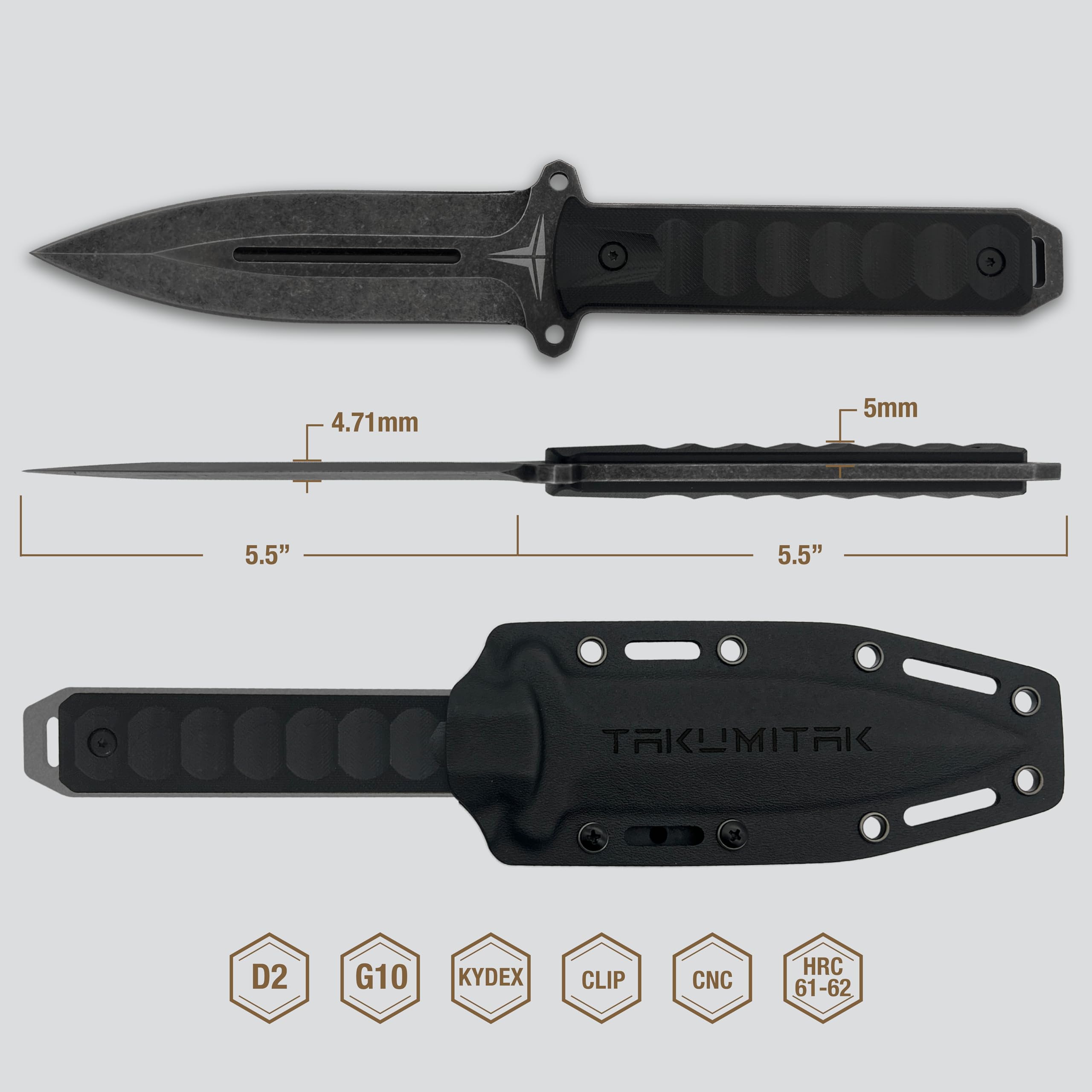 Tactical Knife Hunting Knife Survival Knife D2 Spear Point Blade G10 Handle Kydex Sheath Molle Clip Fixed Blade Knives Camping Accessories Camping Gear Survival Kit Survival Gear And Equipment Tactical Gear Hunting Gear EDC Knife EDC Gear 40246 (Stonewash