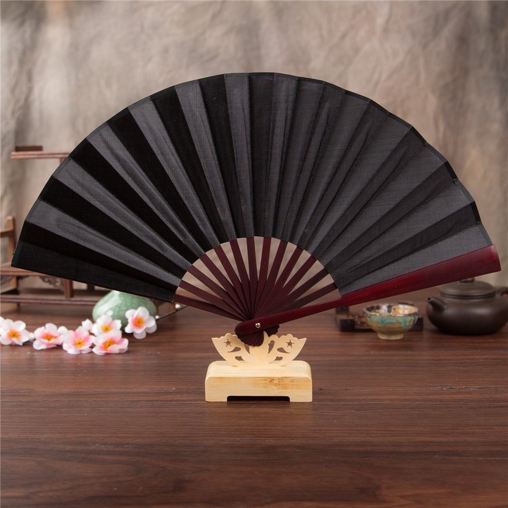 Unisex Silk Lace Wedding Party Fan Hand Held Chinese Dancing Floral Fan Folding Accessory Large Covers Black