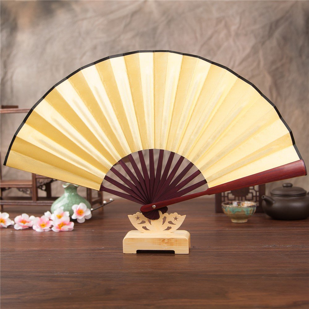 Hand Wedding Dancing Party Lace Silk Fan Held Floral Folding Chinese Unisex Fan Accessory Pasties Covers Yellow