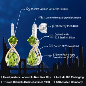 Gem Stone King 925 Sterling Silver and 10K Yellow Gold Pear Shape Green Peridot and White Lab Grown Diamond Dangle Earrings For Women (2.90 Cttw, Pear Shape 8X6MM)