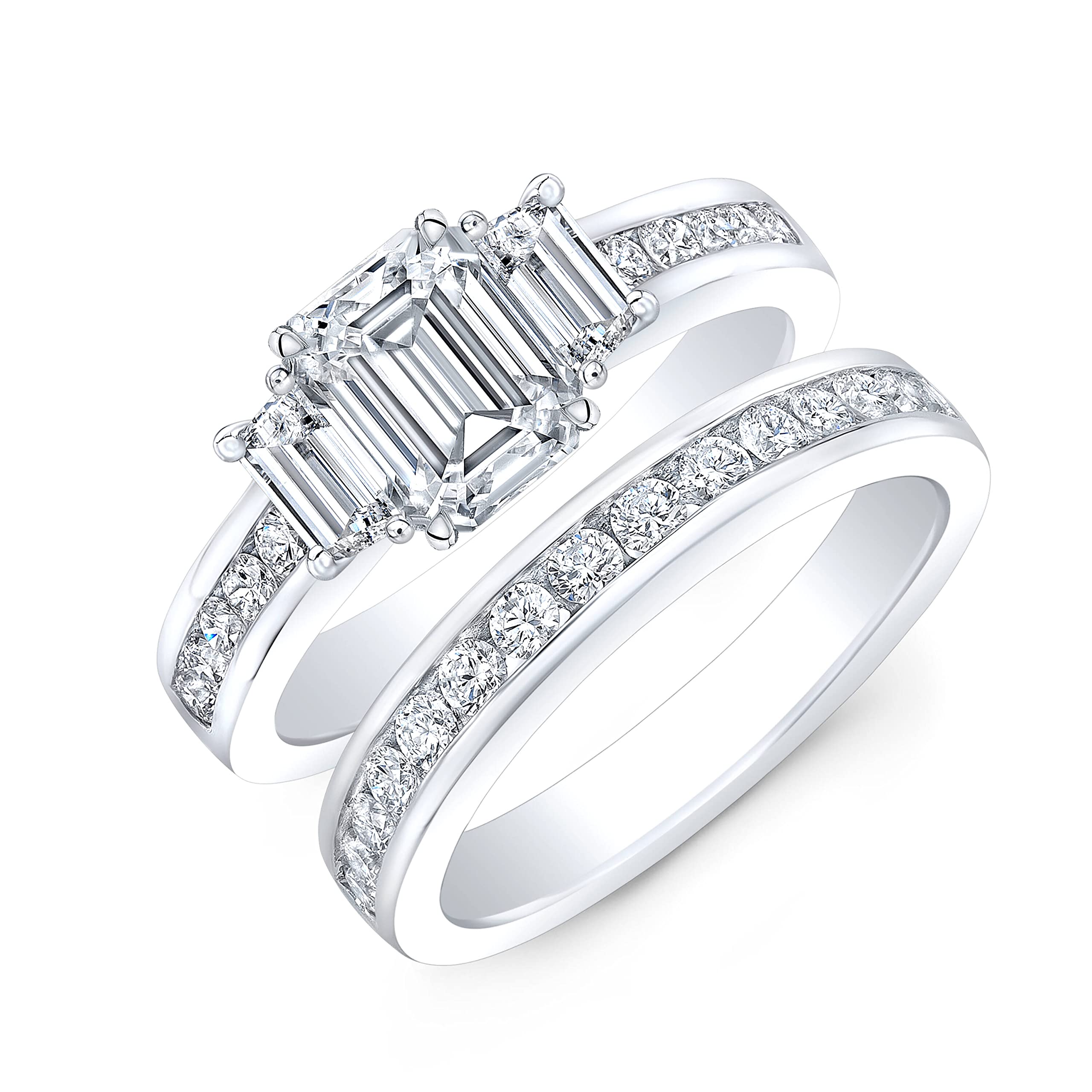 1.5 Carat (ctw) Emerald Cut Wedding Ring Set for Women White Gold Moissanite Bridal Sets Wedding Rings Platinum Plated Silver Engagement Ring Set Anniversary Promise Rings for Her(size 4.5)