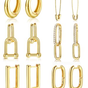 HAIAISO 6Paris Gold Earrings Set 14k Gold Plated Cubic Zircon Link Earrings Paperclip Link Chain Earrings U Shape Pin Huggie Hoop Earrings Drop Dangle Earrings Set for Women