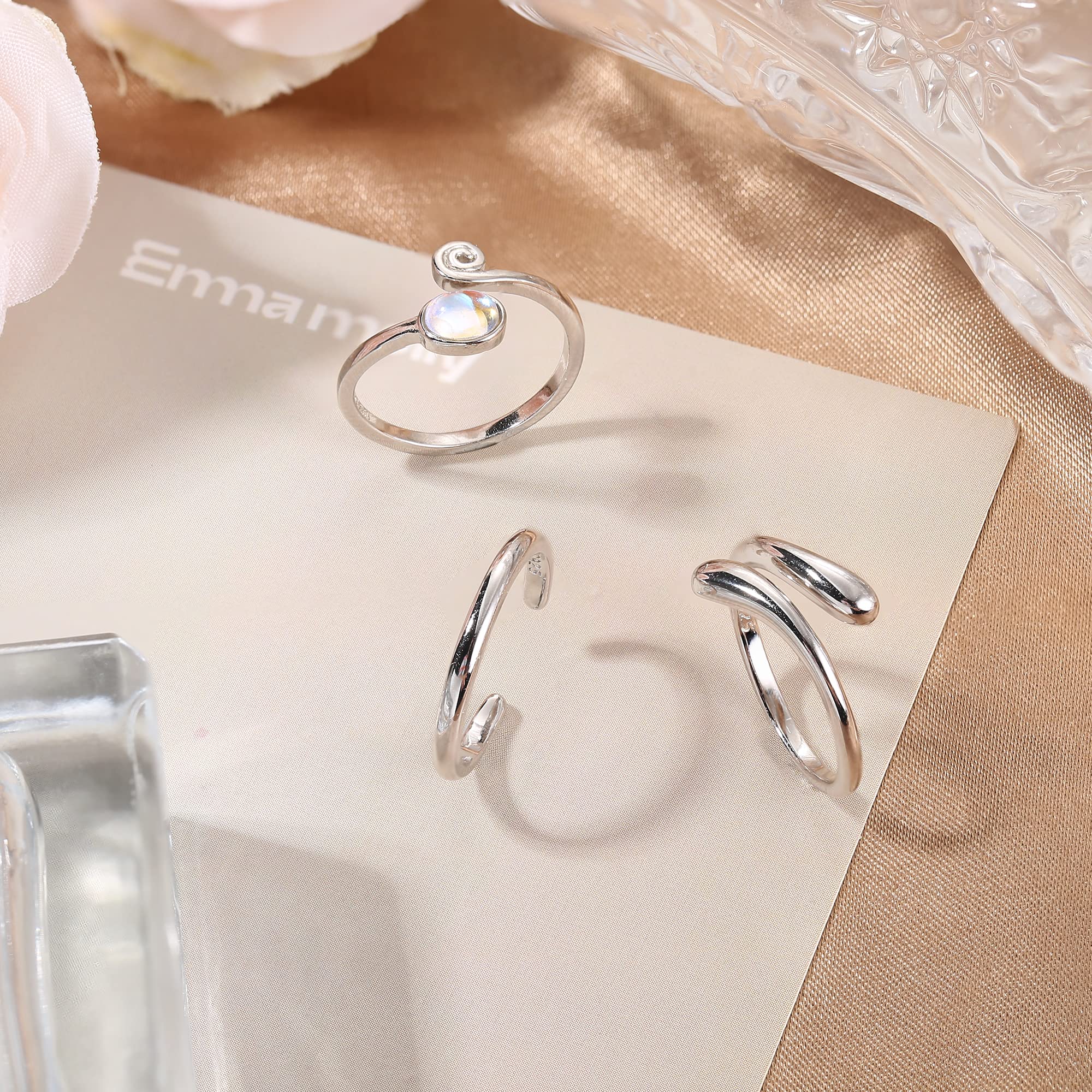 Jstyle 925 Sterling Silver Open Toe Rings Set for Women Adjustable Rainbow Moonstone Band Tail Ring Women Beach Foot Jewelry Set