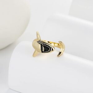 White Shark Rings Cute Statement for Women Men Girls Sterling Silver Plated Adjustable Sea Animal Fish Giant Sharks Open Stacking Extendable Knuckle Middle Finger Bands Fashion Gifts for Best Friends Birthday Christmas (Gold)