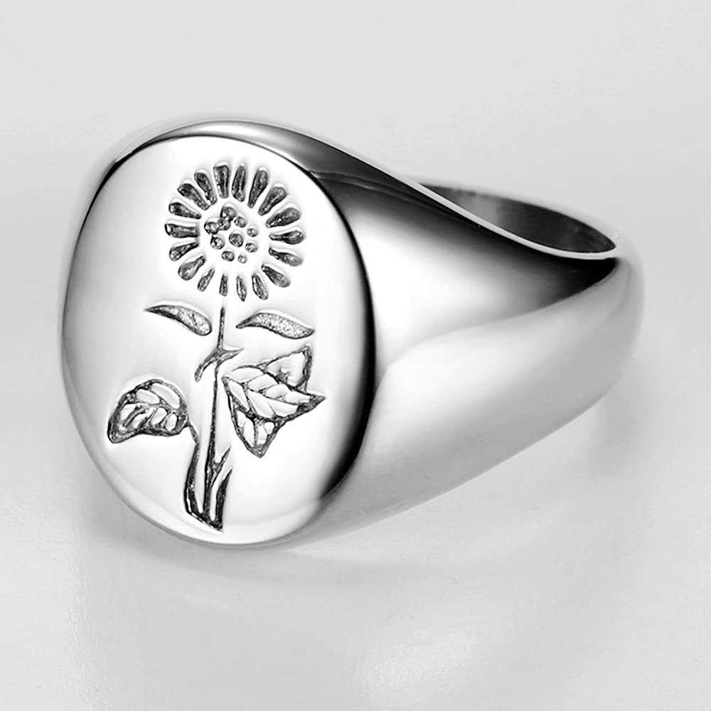 Jude Jewelers Stainless Steel Sun Flower Pattern Signet Style Wedding Engagement Promise Anniversary Statement Ring (Silver, 7.5)