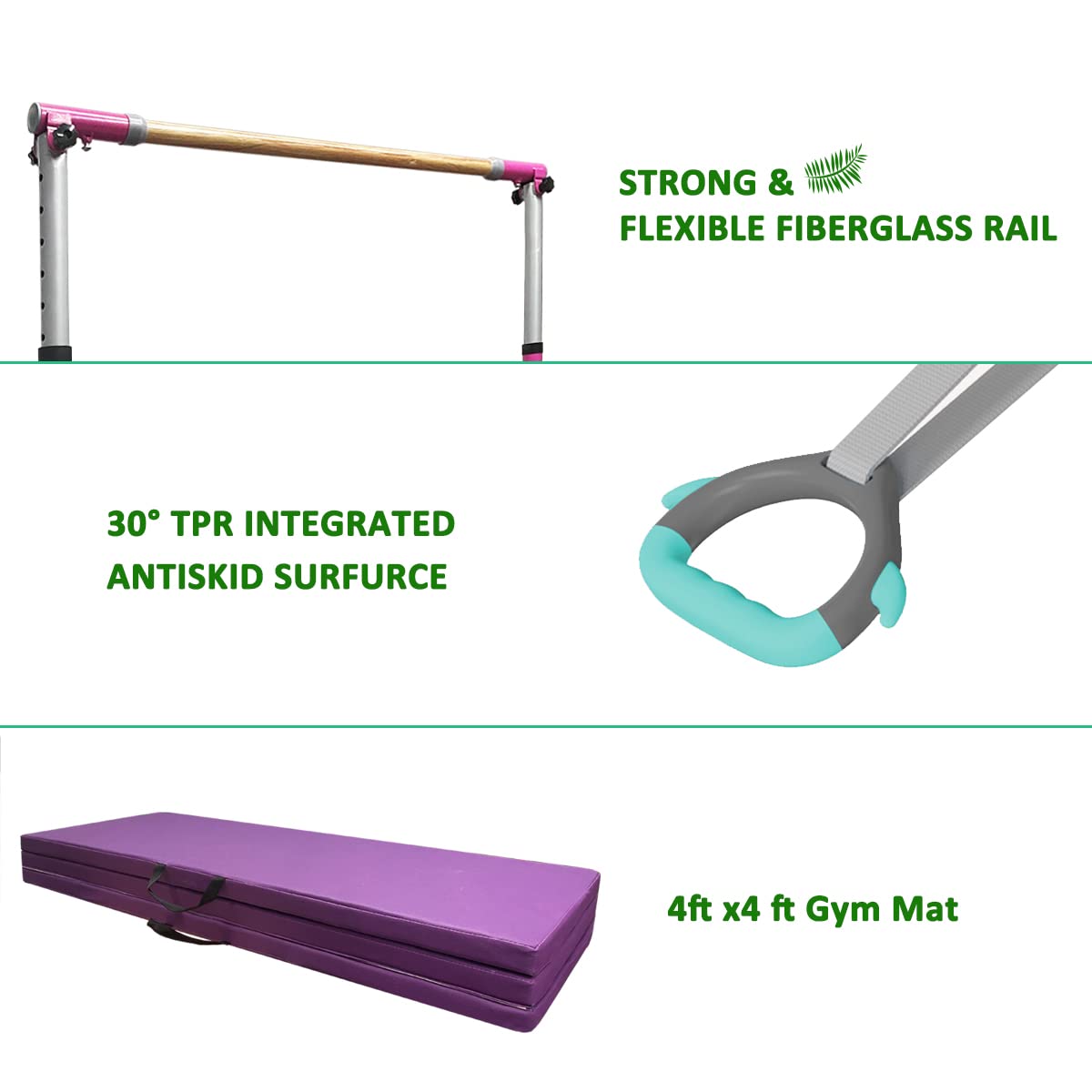 JOYSFIT Adjustable Gymnastics Bar for Kids with Mat - Sturdy Kip Bar with Rings, Horizontal Bar for Home Training, 3'-5' Height, Ages 3-15, 250 LBS Capacity, Easy Assembly. (Bar with Mat, Purple)