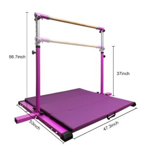 JOYSFIT Adjustable Gymnastics Bar for Kids with Mat - Sturdy Kip Bar with Rings, Horizontal Bar for Home Training, 3'-5' Height, Ages 3-15, 250 LBS Capacity, Easy Assembly. (Bar with Mat, Purple)