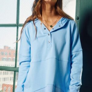 AlvaQ Women Casual Sweatshirt V Neck Long Sleeve Button Up Pullover Hoodie Sweat Shirt with Pocket Fashion 2024 Light Sky Blue Medium