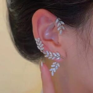 jumwrit rhinestone ear cuffs leaf ear jacket climber crawler earrings ear wrap earrings cute hypoallergenic stud earrings for women girls（silver）