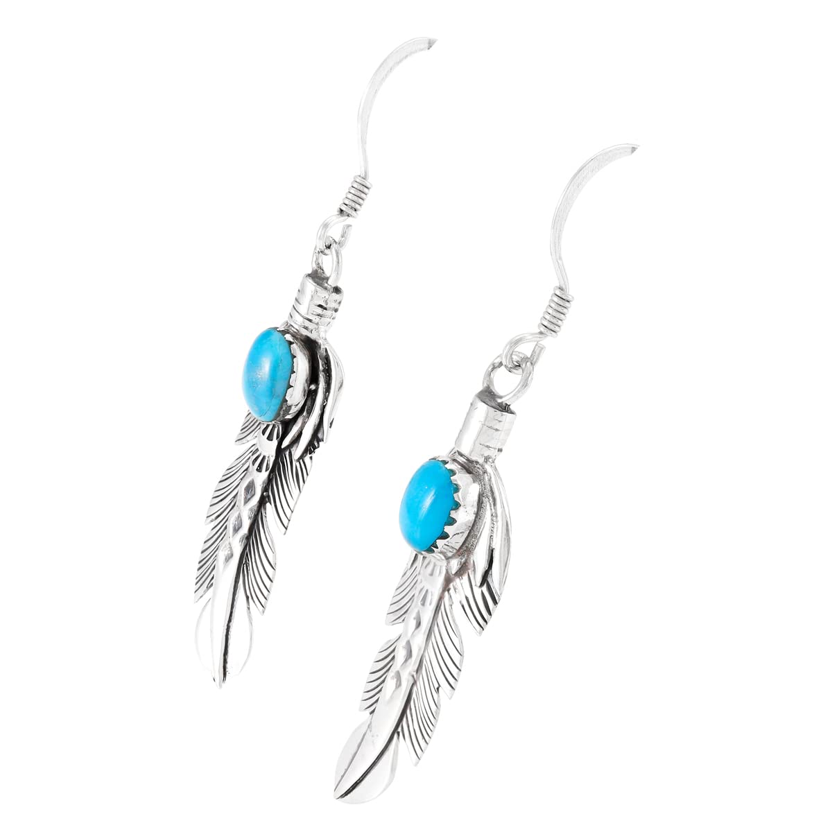 Feathers Turquoise Earrings 925 Sterling Silver & Genuine Turquoise (Turquoise)