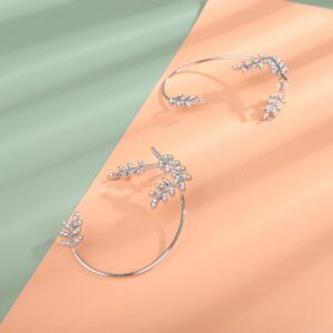 Jumwrit Rhinestone Ear Cuffs Leaf Ear Jacket Climber Crawler Earrings Ear Wrap Earrings Cute Hypoallergenic Stud Earrings for Women Girls（Silver）