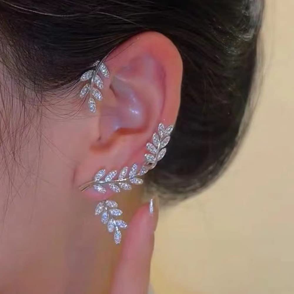 Jumwrit Rhinestone Ear Cuffs Leaf Ear Jacket Climber Crawler Earrings Ear Wrap Earrings Cute Hypoallergenic Stud Earrings for Women Girls（Silver）