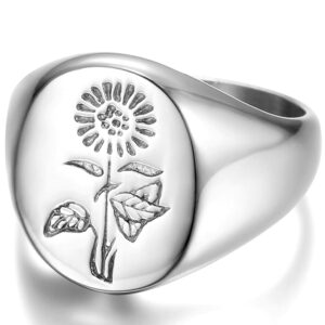 Jude Jewelers Stainless Steel Sun Flower Pattern Signet Style Wedding Engagement Promise Anniversary Statement Ring (Silver, 7.5)