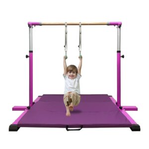 joysfit adjustable gymnastics bar for kids with mat - sturdy kip bar with rings, horizontal bar for home training, 3'-5' height, ages 3-15, 250 lbs capacity, easy assembly. (bar with mat, purple)