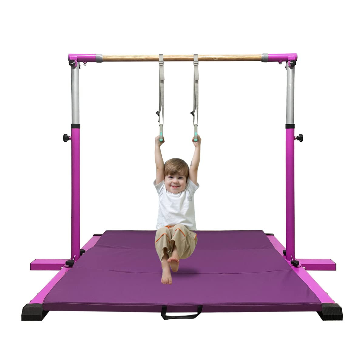 JOYSFIT Adjustable Gymnastics Bar for Kids with Mat - Sturdy Kip Bar with Rings, Horizontal Bar for Home Training, 3'-5' Height, Ages 3-15, 250 LBS Capacity, Easy Assembly. (Bar with Mat, Purple)