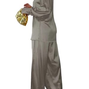 Women Wide Leg 2 Piece Pants Outfit Set Casual Satin Button up Long Sleeve Tops Palazzo Pants Set Tracksuit Grey Plus Size XXL