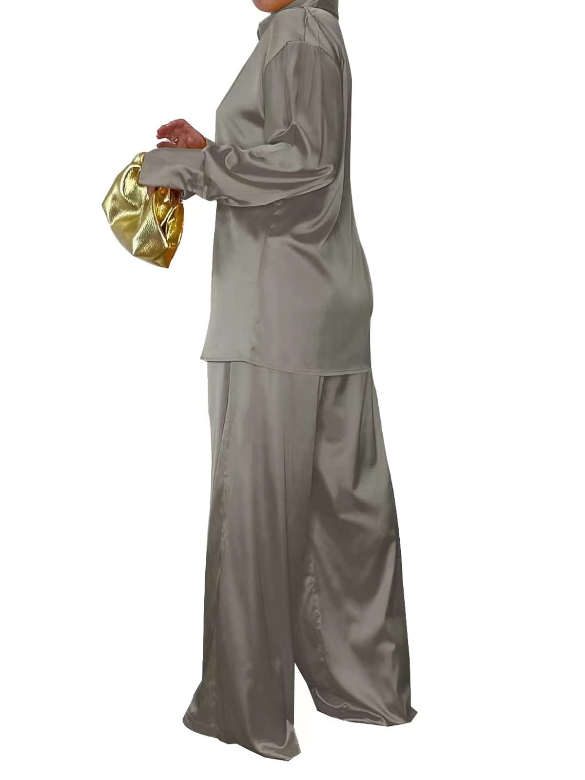 Women Wide Leg 2 Piece Pants Outfit Set Casual Satin Button up Long Sleeve Tops Palazzo Pants Set Tracksuit Grey Plus Size XXL